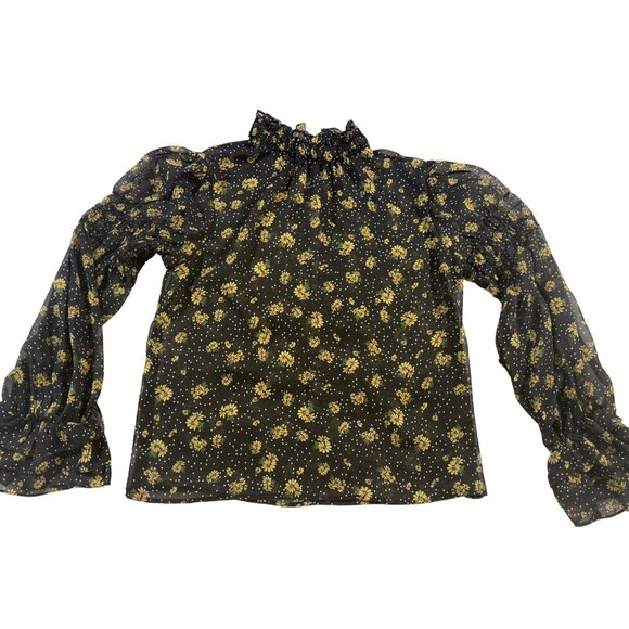 Sunflower Black Sheer S Blouse With Ruffled Neck & Long Sleeves Fairy Regency - Picture 1 of 10